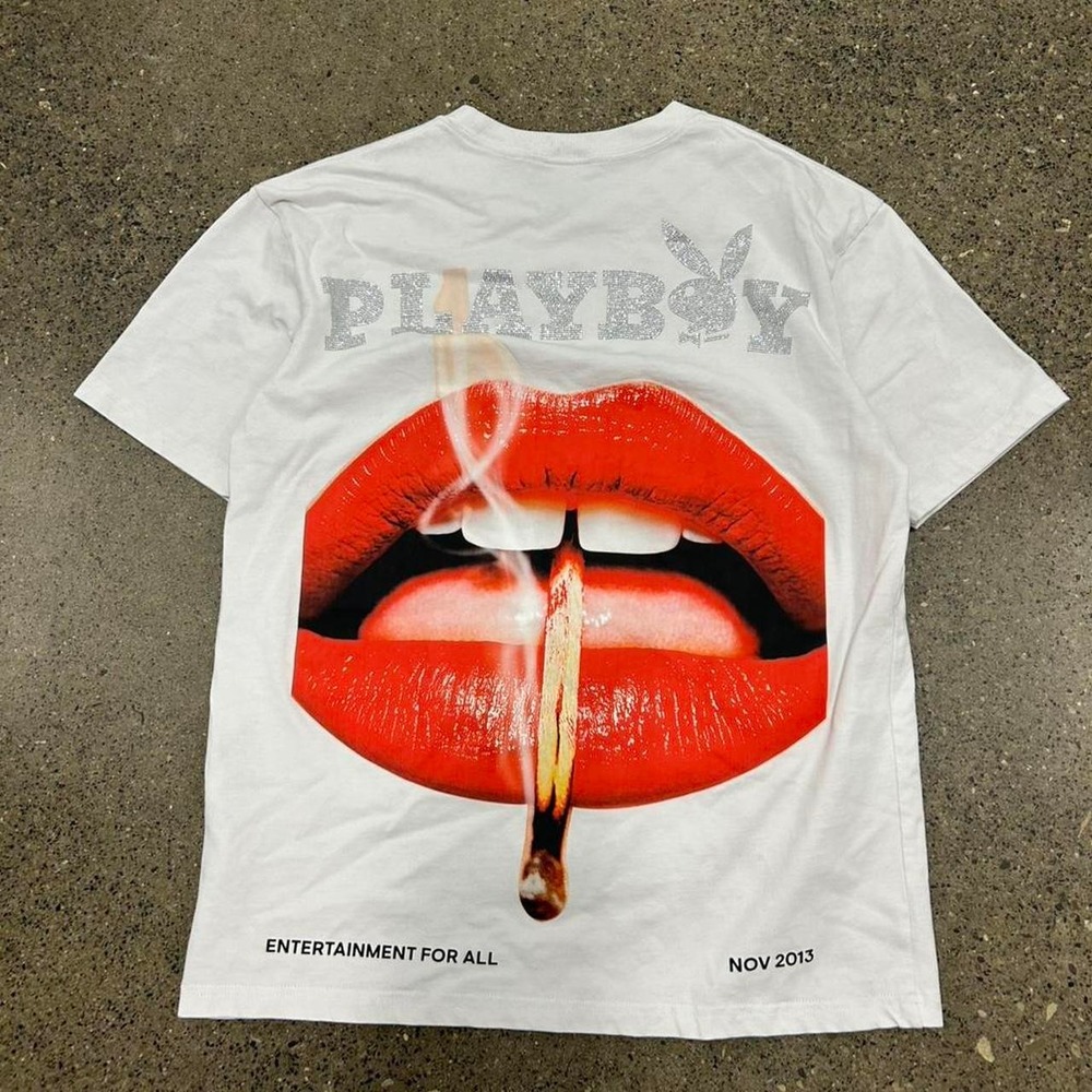 Vintage Playboy Smoking Lips Graphic AOP Bedazzled T-Shirt (Size M)